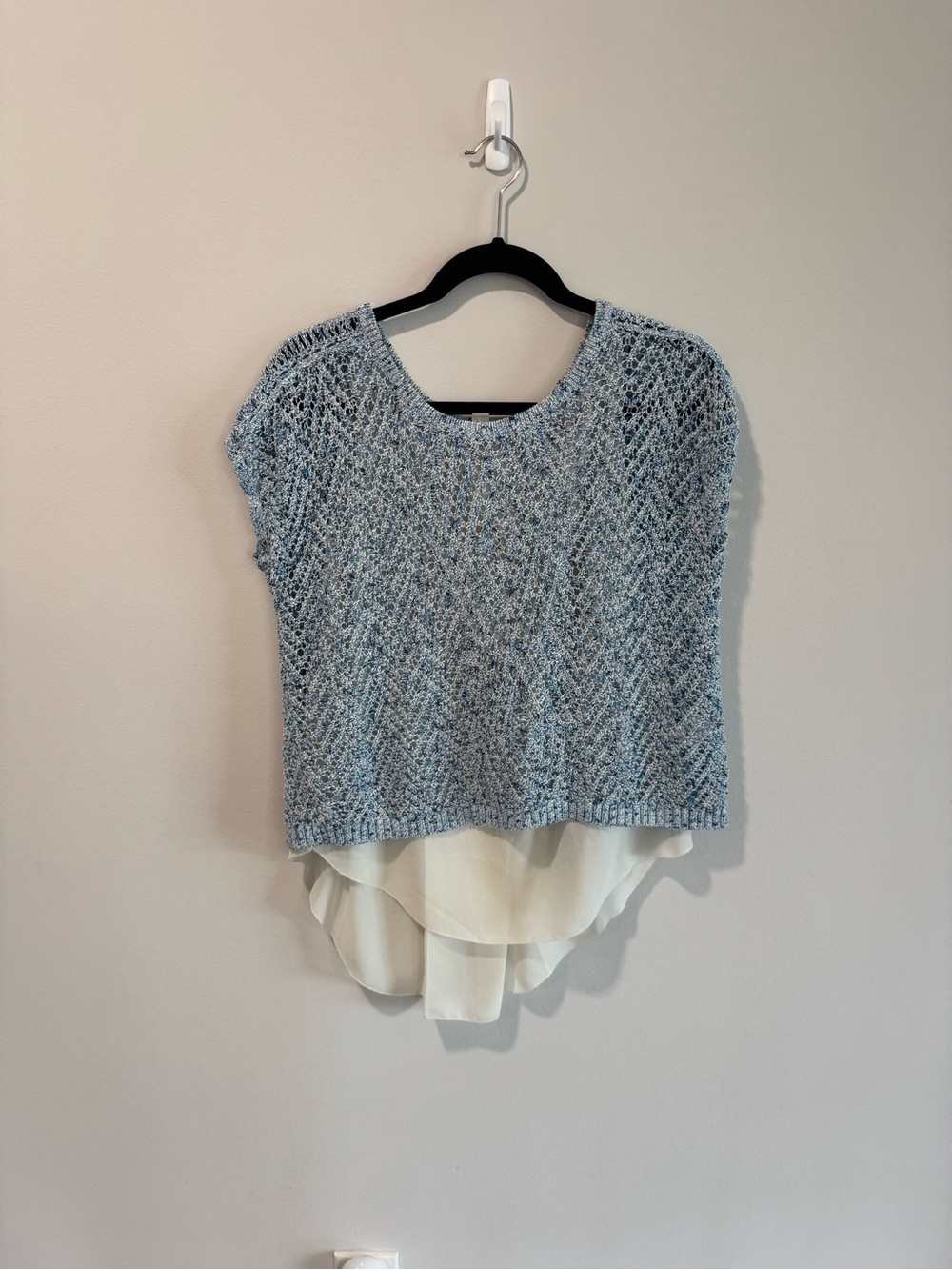 Lucky Brand Light Blue Open-Knit Sweater Top with Cream Chiffon Underlay